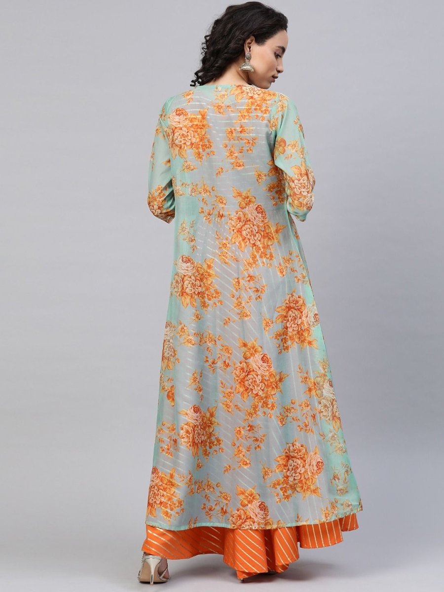 Ahalyaa Women's Orange Crepe Gold Print Top Skirt With Printed Jacket | Grab2Buy