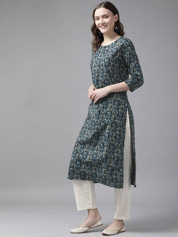 Yufta Women Blue and White Ethnic Motifs Pure Cotton Kurta with Trouser | Grab2Buy