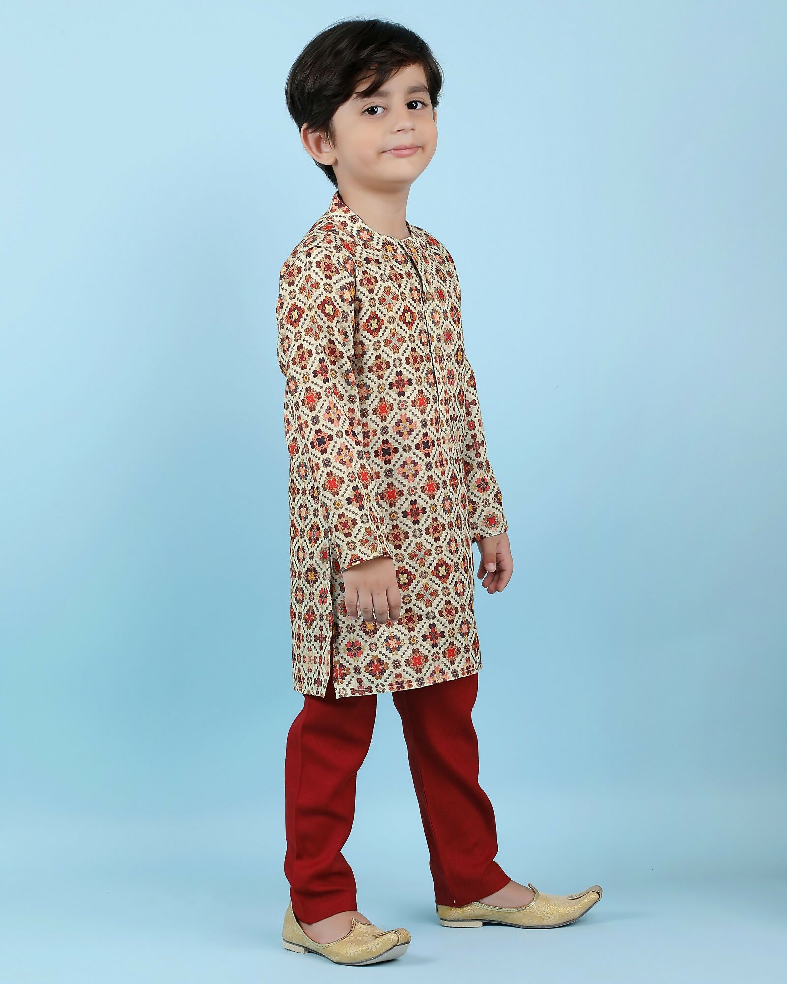 Joban Fashion Kids Island Cotton Full Sleeves Printed Kurta and Pyjama- Maroon | Grab2Buy