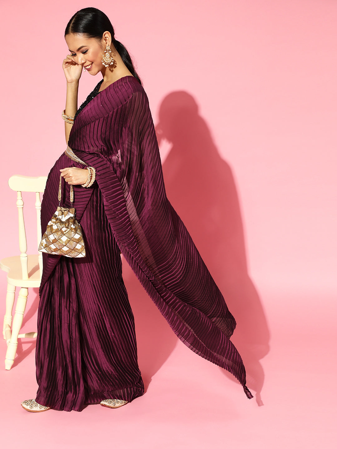 Saree Mall Burgundy Poly Georgette Party Wear Saree with Matching Blouse | Grab2Buy
