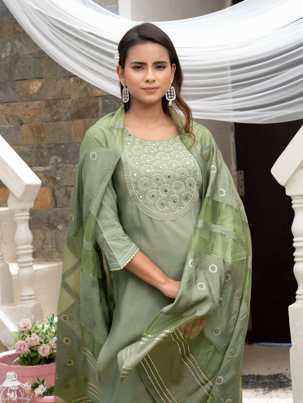 Green Roman Silk Plain Kurta with Pant & Dupatta - Disha | Grab2Buy