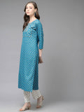 Yufta Women Teal Blue & Off-White Printed Kurta with Trouser & Dupatta | Grab2Buy