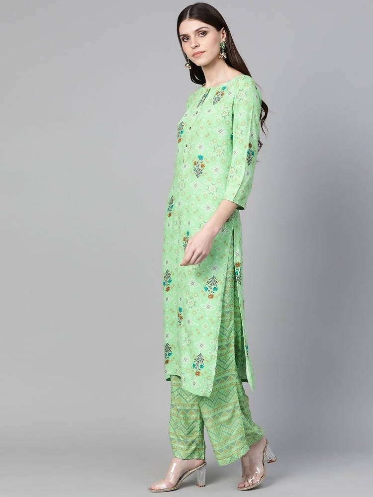 Yufta Women Green & Beige Printed Kurta palazzo Set | Grab2Buy