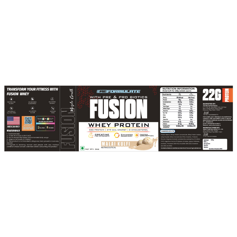 Reformulate Fusion Whey Protein With Pre & Pro Biotics I Muscle Growth I 58G Protein | 379 Kcal Energy - Malai Kulfi | Grab2Buy