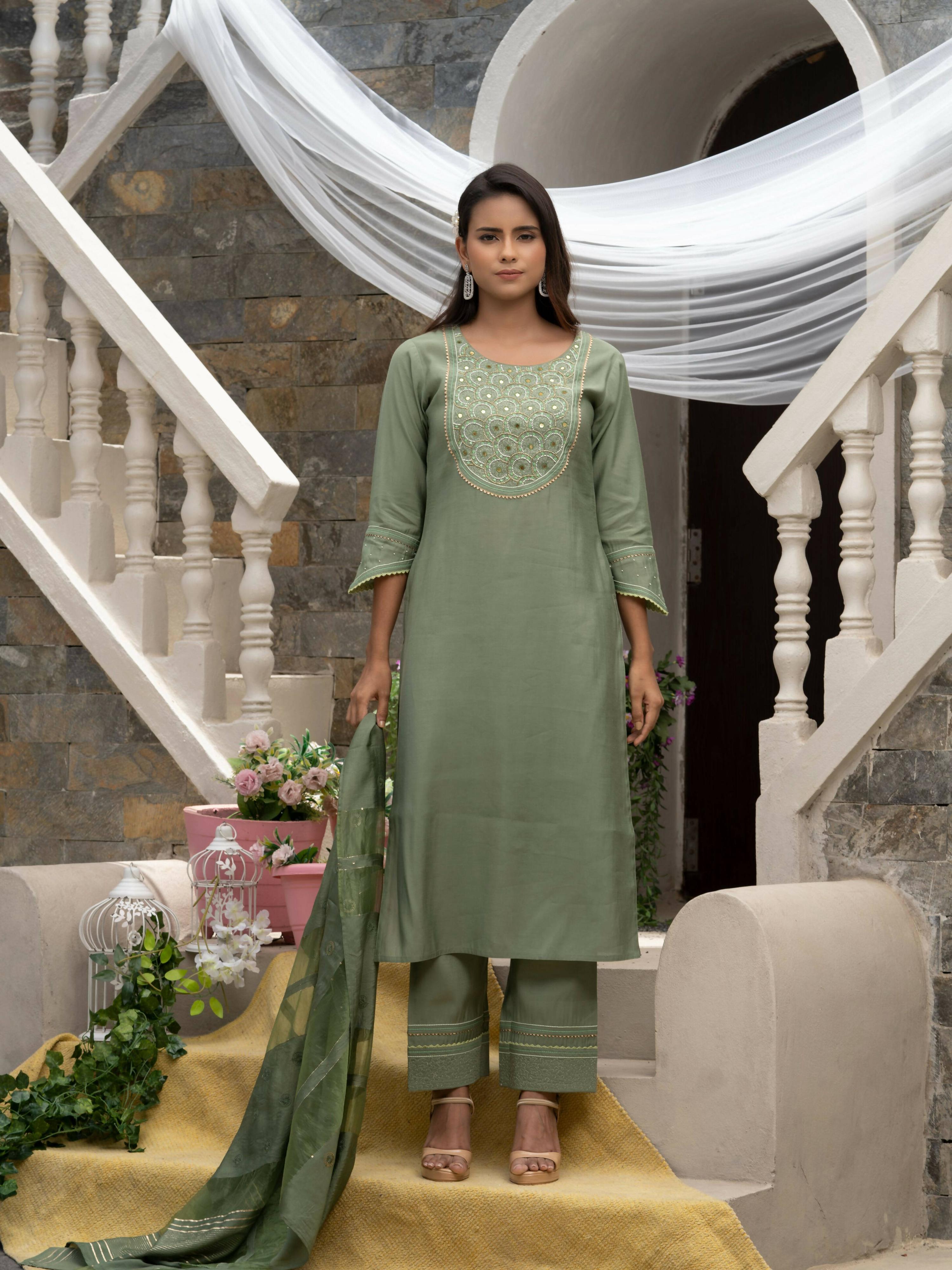 Green Roman Silk Plain Kurta with Pant & Dupatta - Disha | Grab2Buy