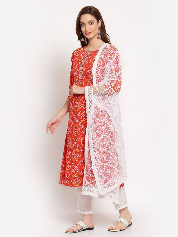 Myshka Women's Orange Printed Cotton 3/4 Sleeve Round Neck Casual Kurta Pant Dupatta Set | Grab2Buy