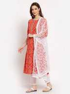 Myshka Women's Orange Printed Cotton 3/4 Sleeve Round Neck Casual Kurta Pant Dupatta Set | Grab2Buy