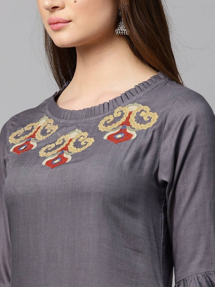 Yufta Women Grey & Maroon Solid Kurta with Trouser | Grab2Buy