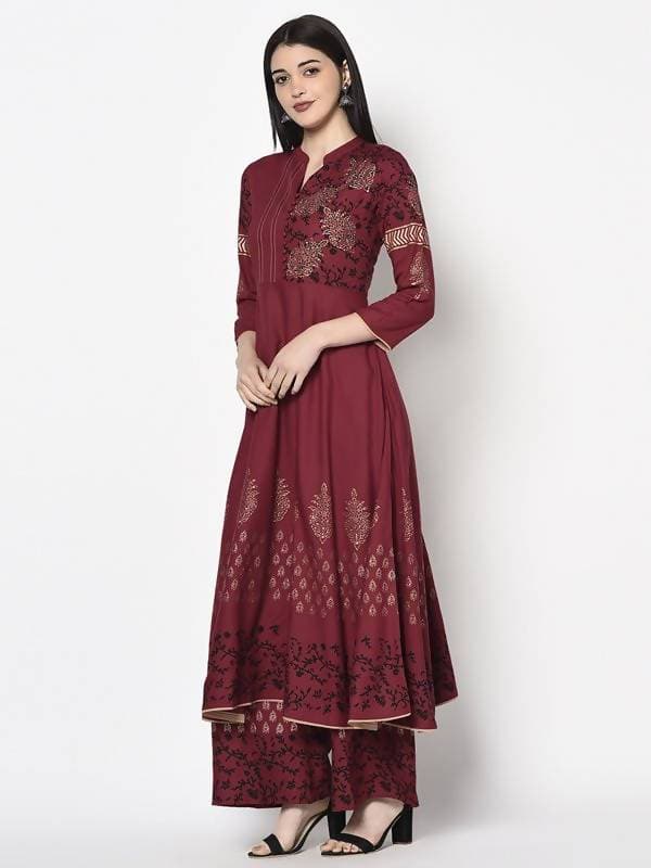 Aniyah Rayon Maroon Color Block Print Anarkali Palazzo Set (AN-181K) | Grab2Buy