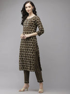 Yufta Women Olive Green Regular Pure Cotton Kurta with Palazzo & With Dupatta | Grab2Buy