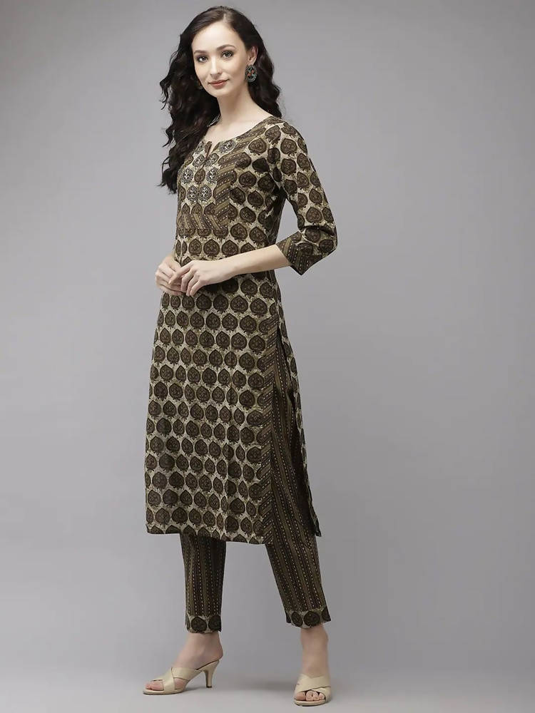 Yufta Women Olive Green Regular Pure Cotton Kurta with Palazzo & With Dupatta | Grab2Buy