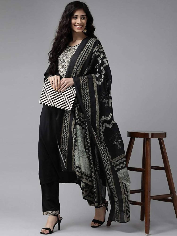Yufta Women Black & Beige Yoke Design Kurta with Trouser & Dupatta | Grab2Buy