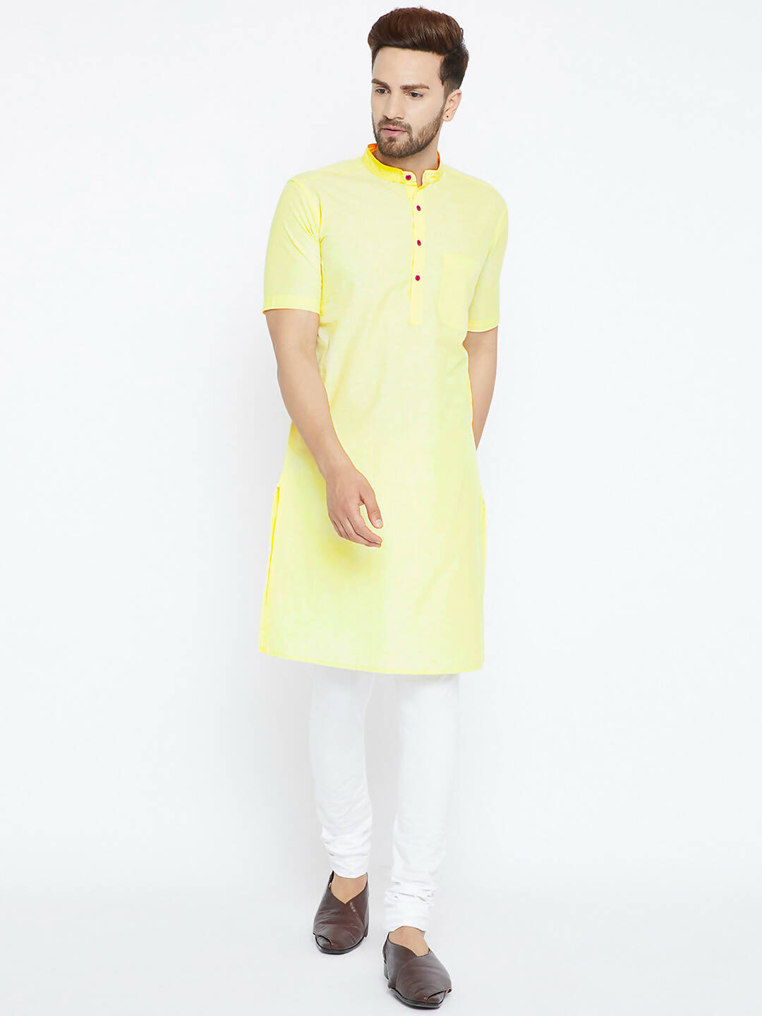 Even Apparels Yellow Color Pure Cotton Men's Kurta With Band Collar | Grab2Buy