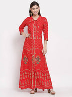 Myshka Women's Red Cotton Printed 3/4 Sleeve Collar Neck Casual Anarkali Kurta | Grab2Buy