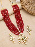 Gold-Polished Maroon Kundan Studded Beaded Jewellery Set - Ruby Raang | Grab2Buy
