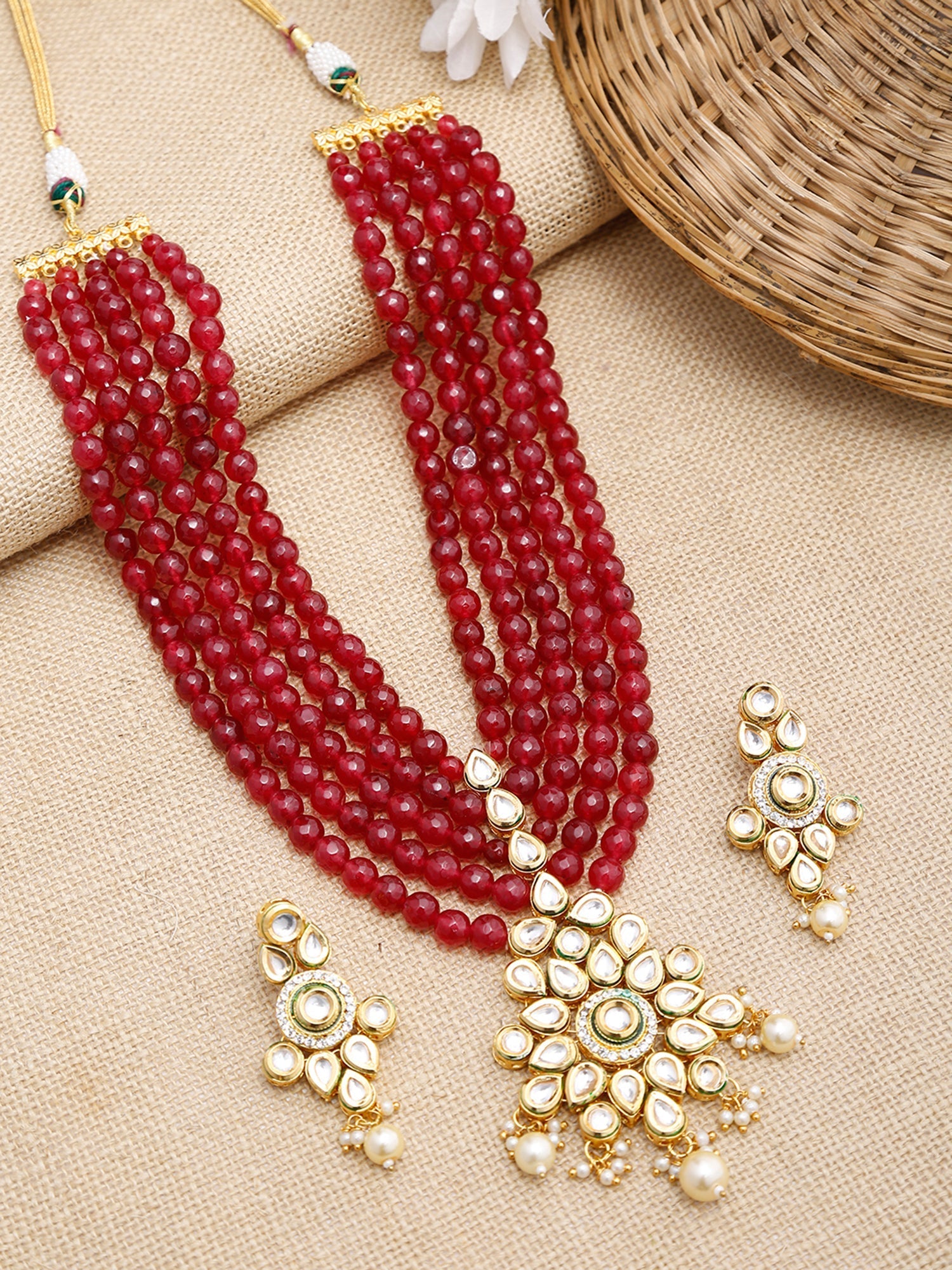 Gold-Polished Maroon Kundan Studded Beaded Jewellery Set - Ruby Raang | Grab2Buy