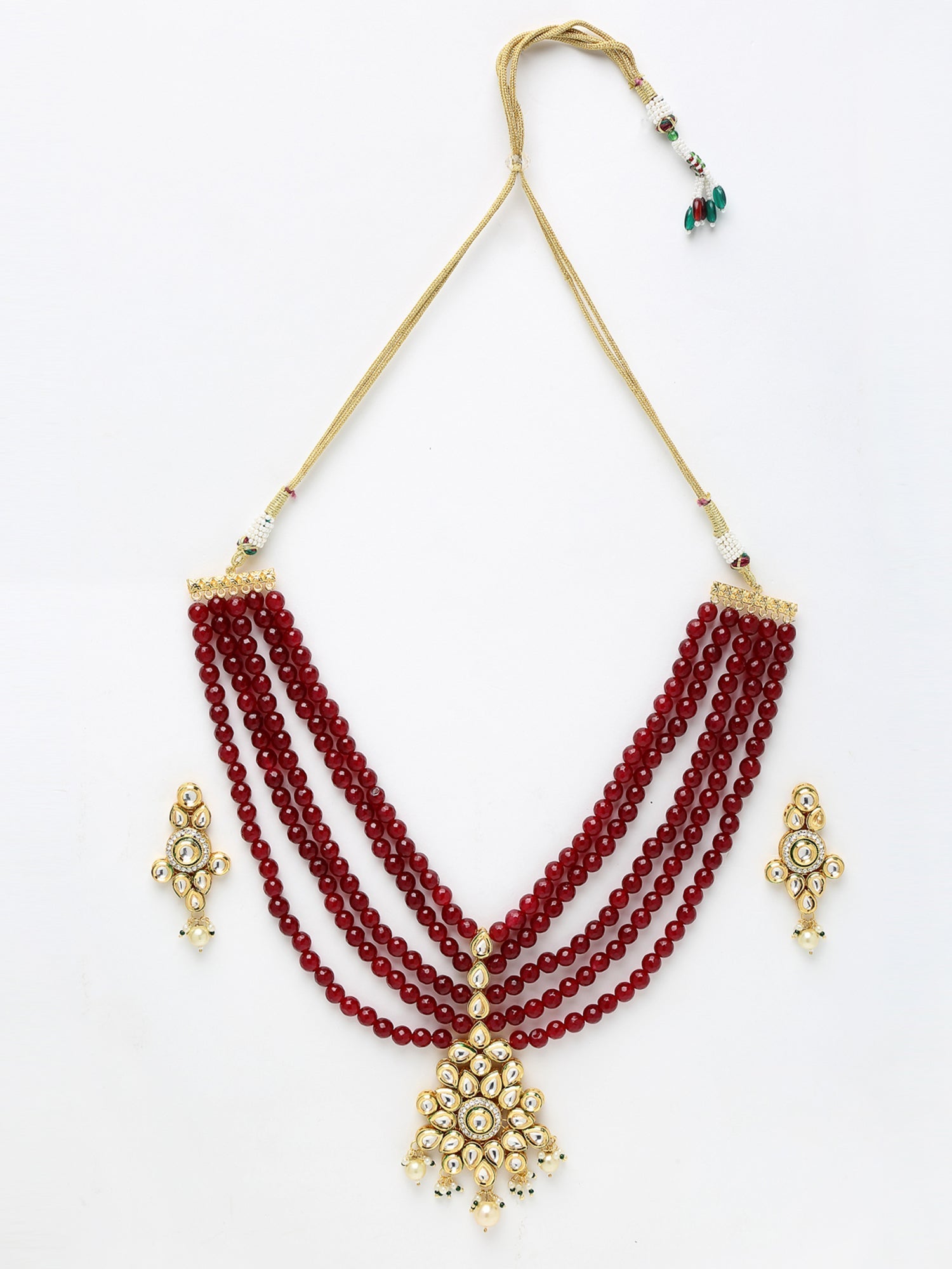 Gold-Polished Maroon Kundan Studded Beaded Jewellery Set - Ruby Raang | Grab2Buy