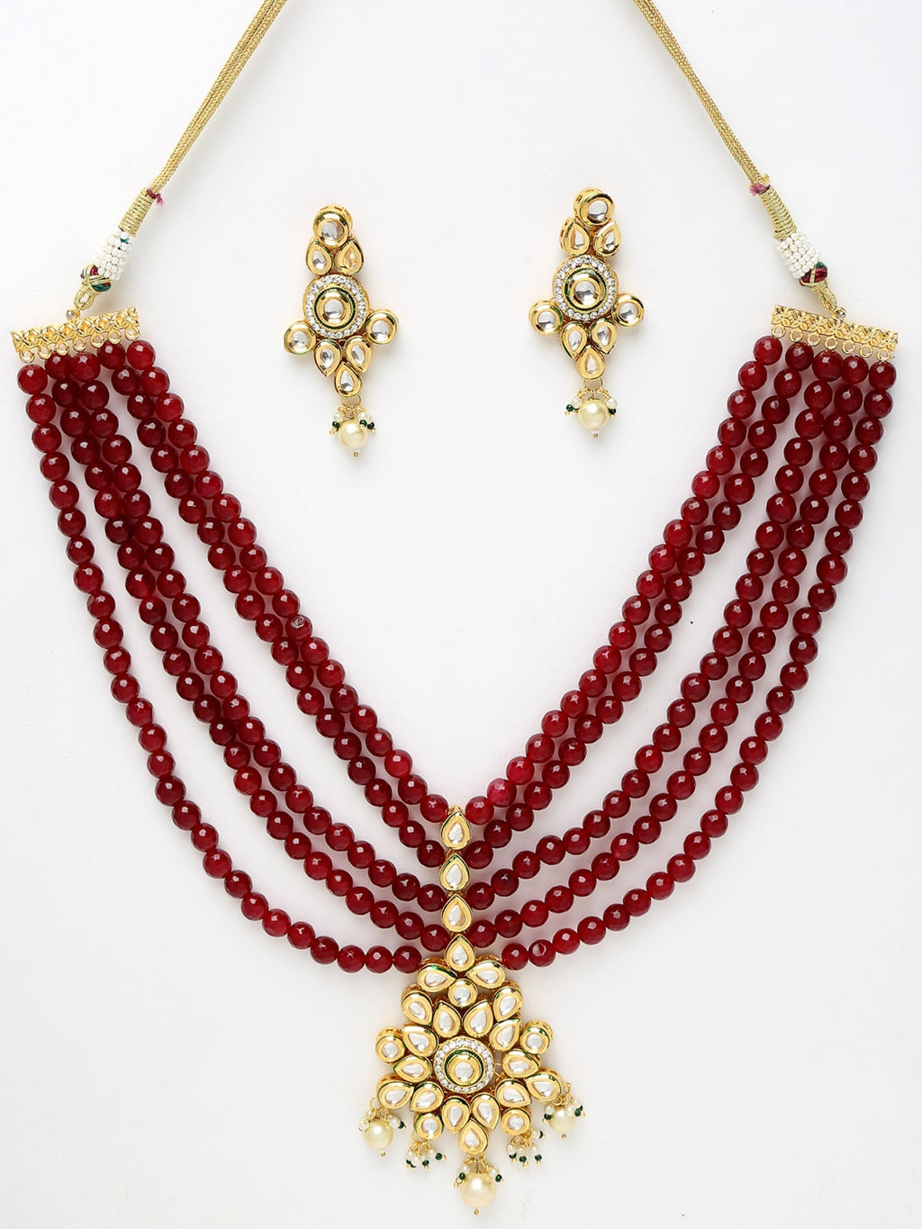Gold-Polished Maroon Kundan Studded Beaded Jewellery Set - Ruby Raang | Grab2Buy