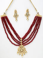Gold-Polished Maroon Kundan Studded Beaded Jewellery Set - Ruby Raang | Grab2Buy