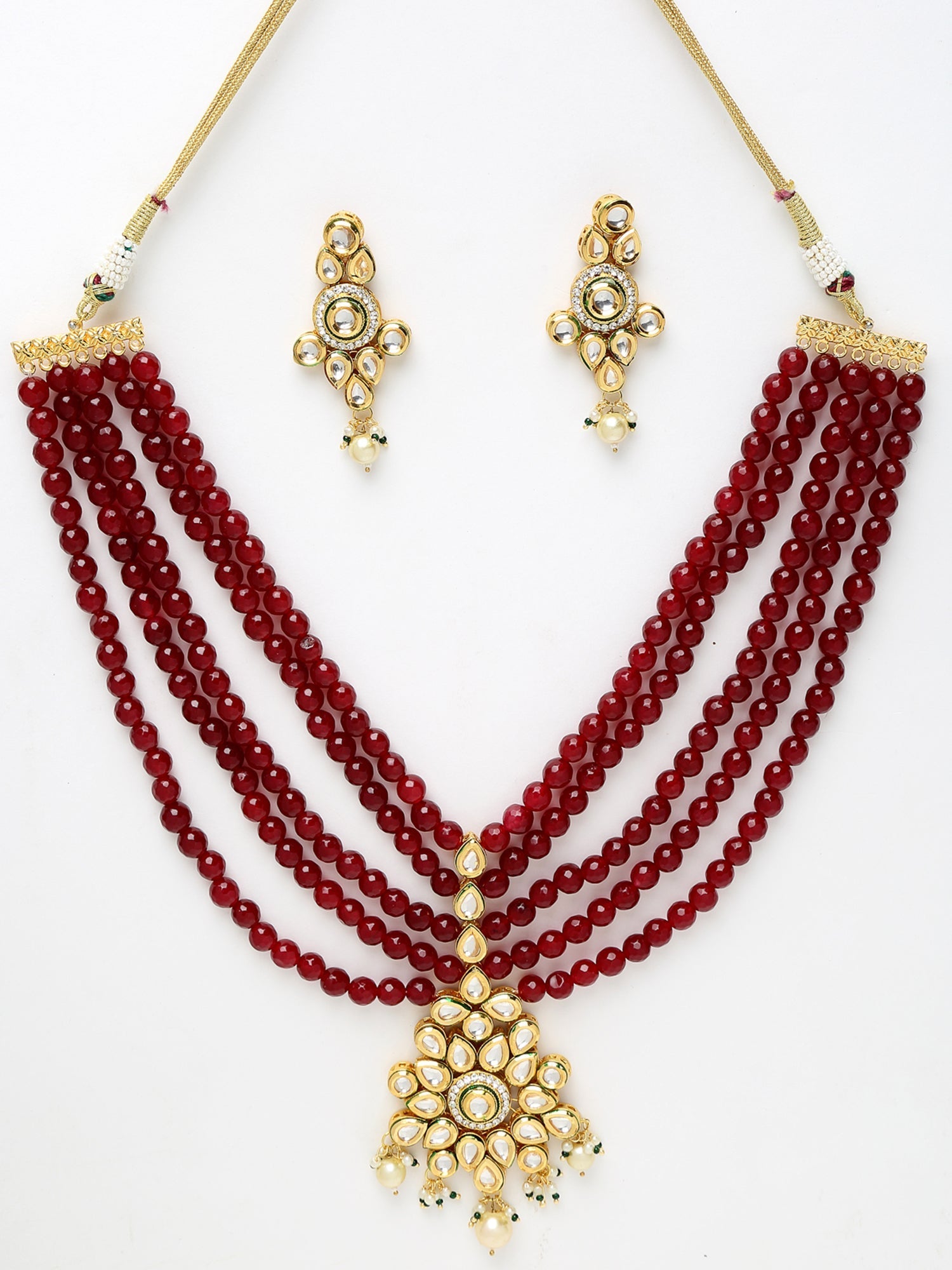 Gold-Polished Maroon Kundan Studded Beaded Jewellery Set - Ruby Raang | Grab2Buy