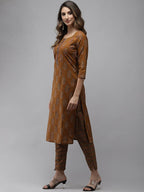 Yufta Women Mustard Brown Sequinned Pure Cotton Kurta with Trouser | Grab2Buy