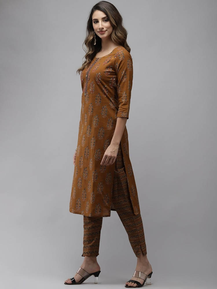 Yufta Women Mustard Brown Sequinned Pure Cotton Kurta with Trouser | Grab2Buy
