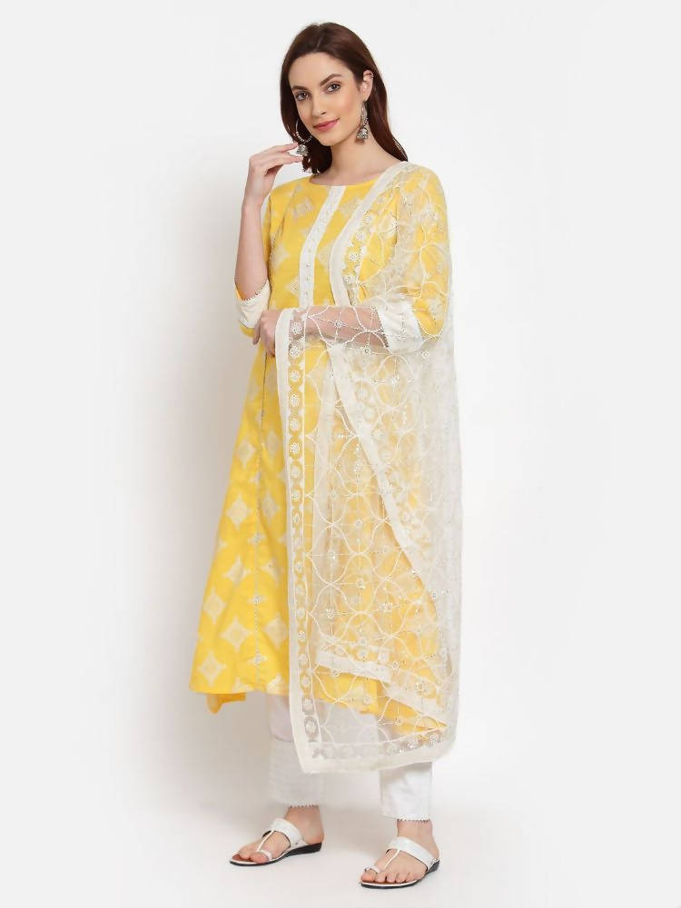 Myshka Women's Yellow Printed Cotton 3/4 Sleeve Round Neck Casual Kurta Pant Dupatta Set | Grab2Buy