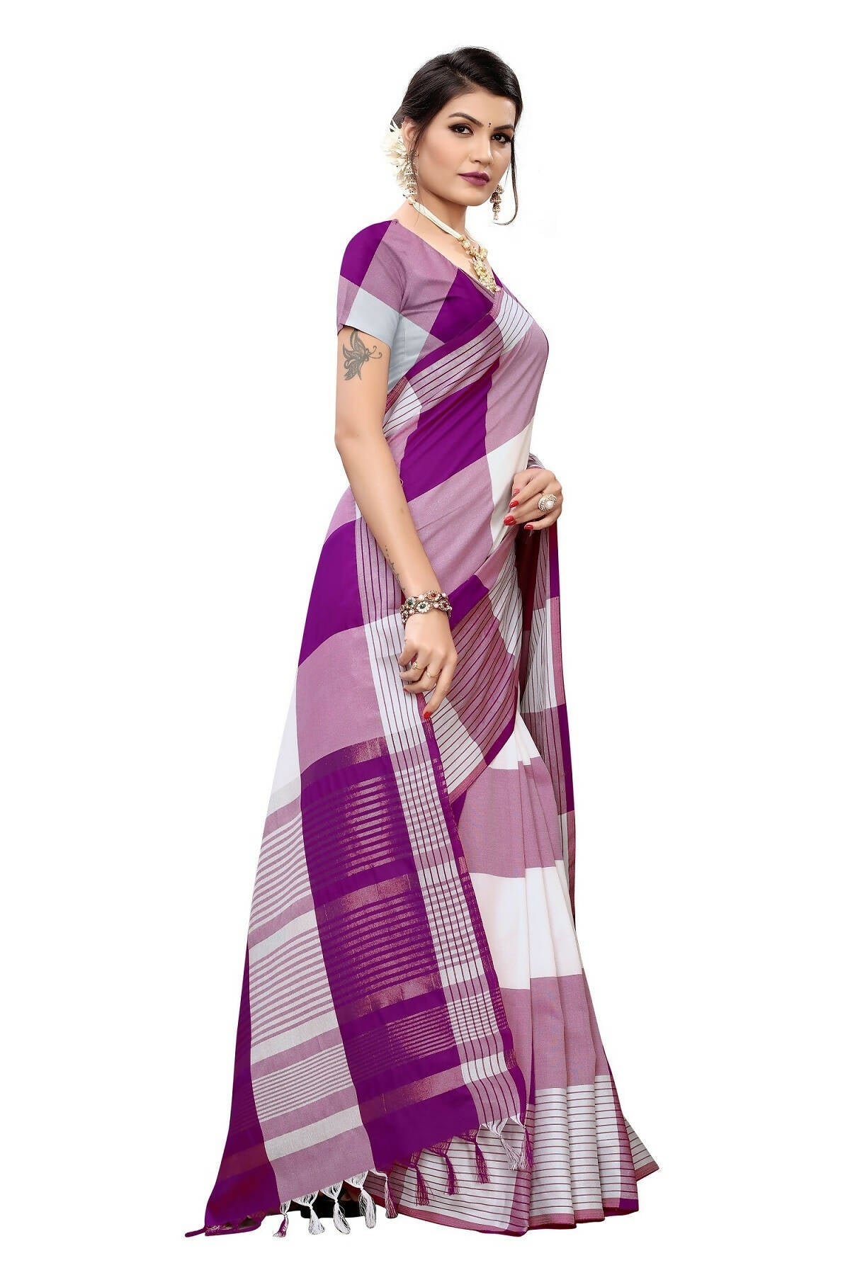 Vamika Wine Cotton Silk Weaving Saree (Gamma Checks Wine) | Grab2Buy