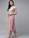 Yufta Pink printed kurta with Trouser & Dupatta Set | Grab2Buy