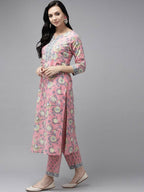 Yufta Pink printed kurta with Trouser & Dupatta Set | Grab2Buy