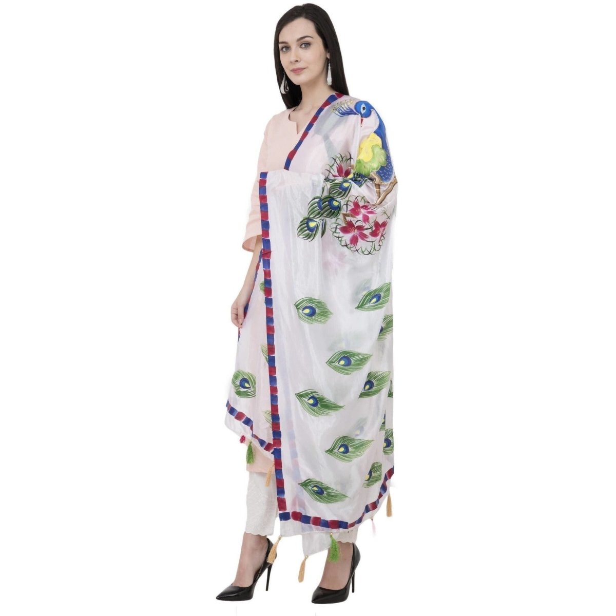 A R Silk Silk Peacock Multi Fancy Dupatta Color White Dupatta or Chunni | Grab2Buy