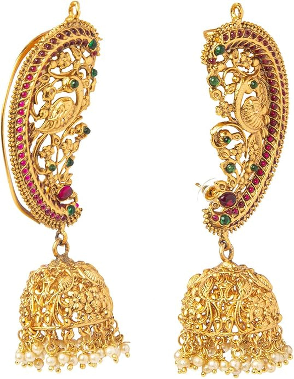 Jewel City Exquisite Gold-Plated Peacock Jhumka Earrings with Ruby and Emerald Accents | Grab2Buy