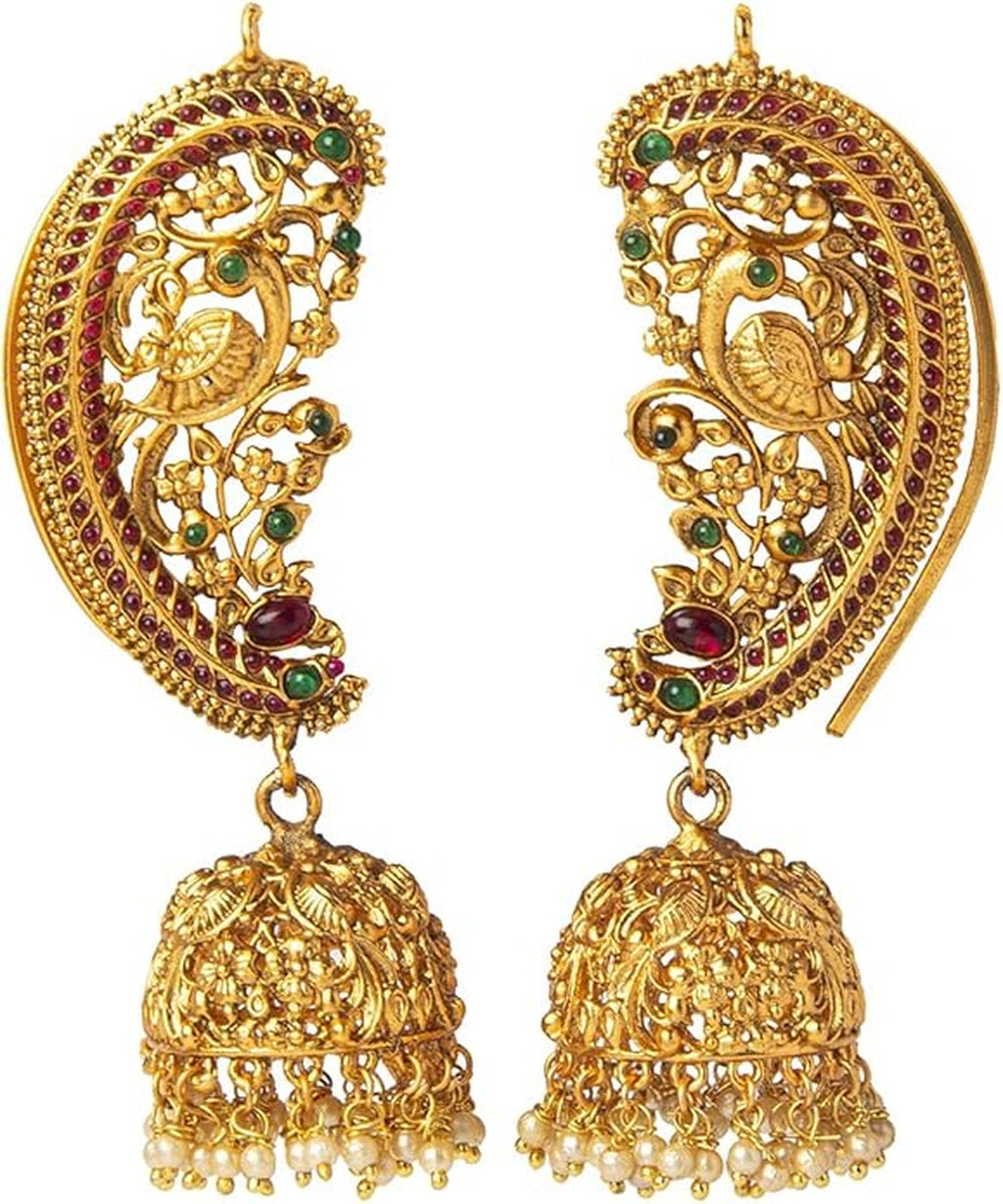 Jewel City Exquisite Gold-Plated Peacock Jhumka Earrings with Ruby and Emerald Accents | Grab2Buy