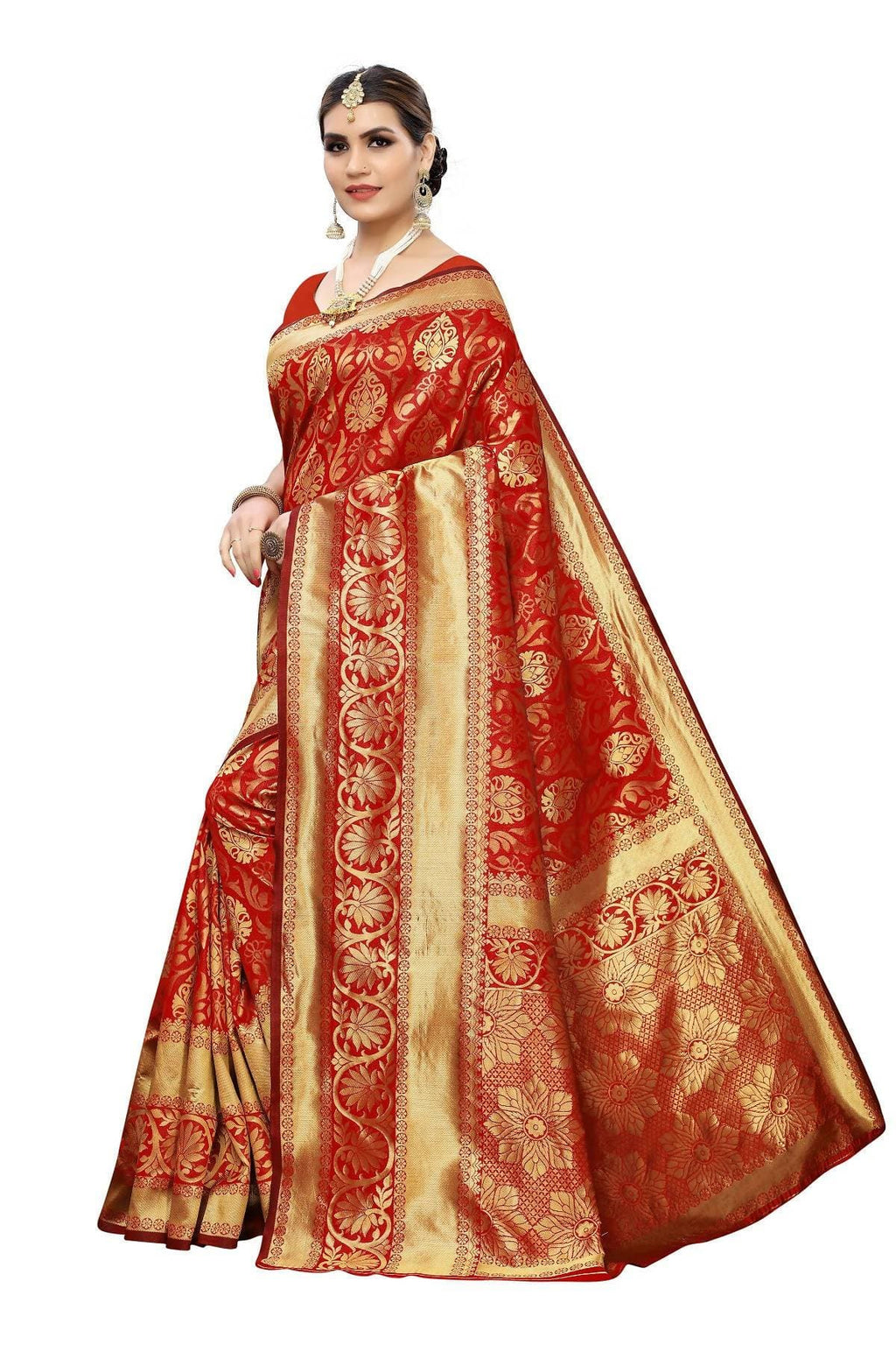 Vamika Banarasi Jaquard Red Weaving Saree | Grab2Buy