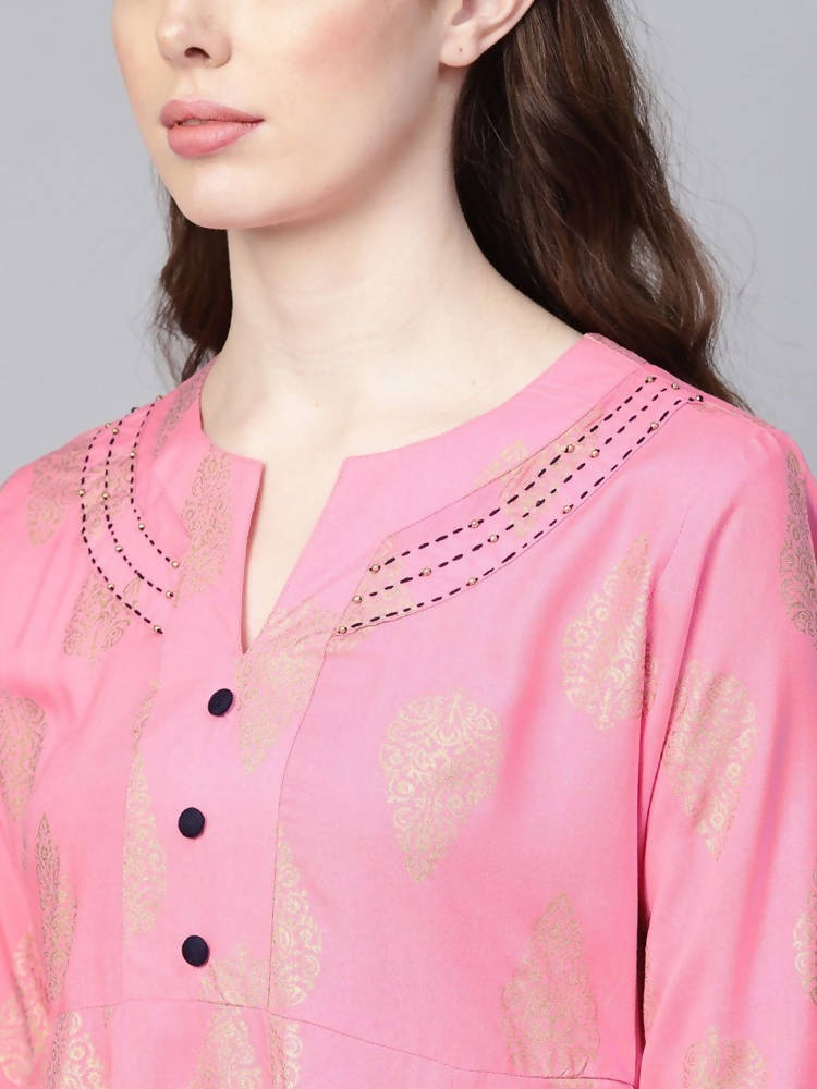 Yufta Women Pink & Golden Printed Kurta with Palazzo | Grab2Buy