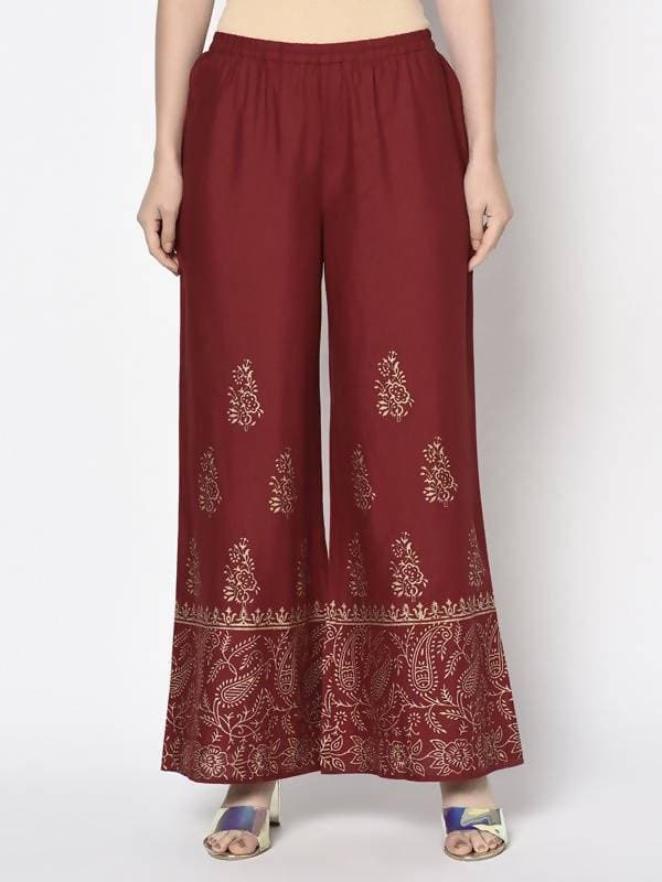 Aniyah Rayon Maroon Color Block Print Flared Slip-On Palazzo (AN-213K) | Grab2Buy