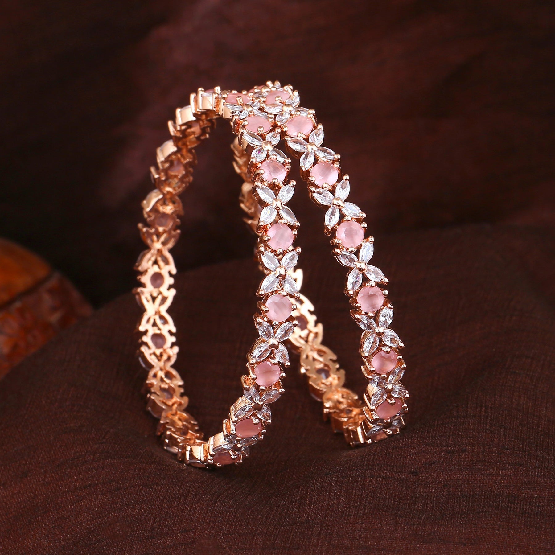 Estele Rose Gold-Polished CZ Flower Designer 2:8 Size Bangles with Mint Pink Stones for Women | Grab2Buy