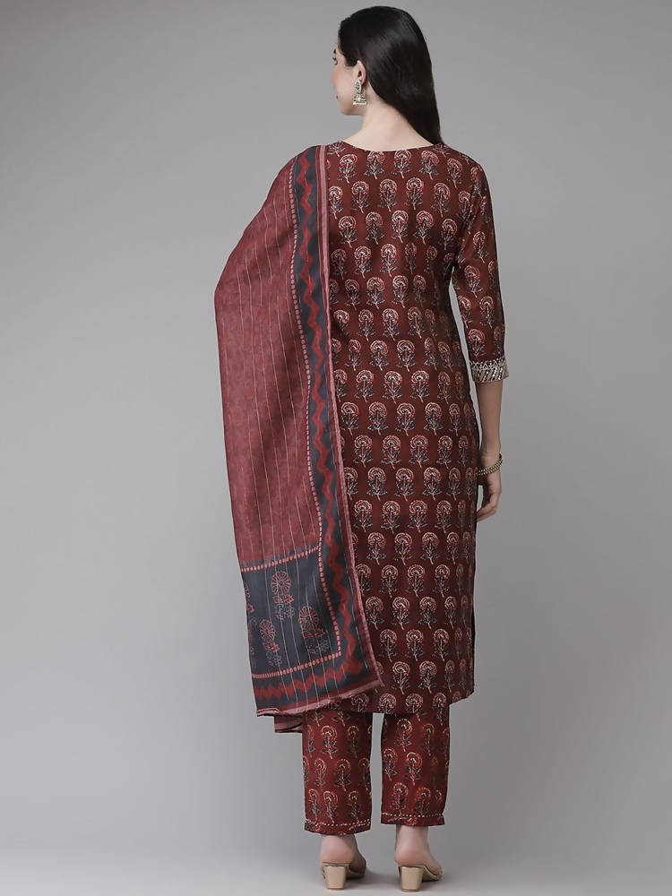 Yufta Women Maroon Floral Printed Regular Kurta with Palazzo & With Dupatta | Grab2Buy