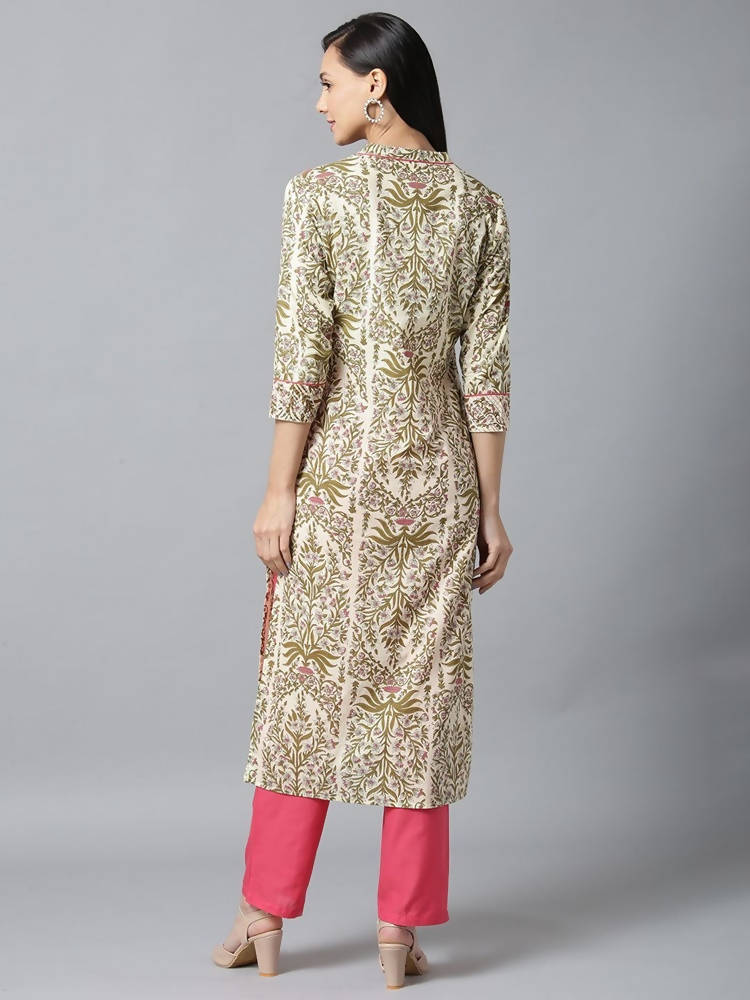 Yufta Women Cream & Pink Printed Kurta with Trouser | Grab2Buy