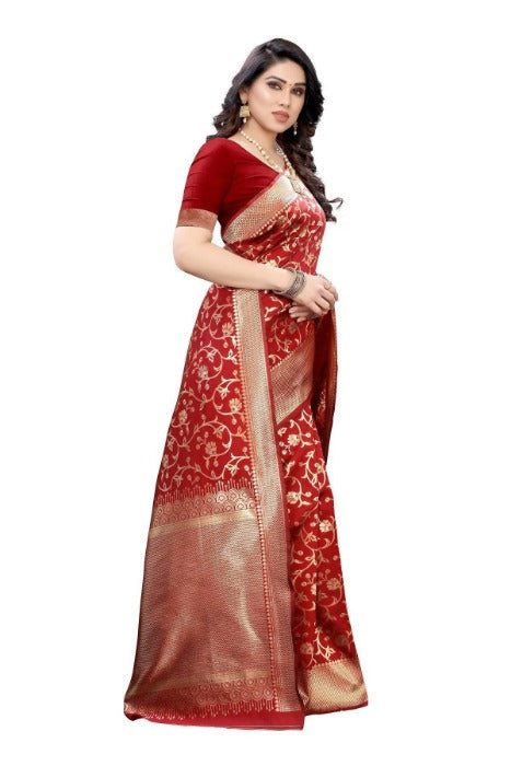 Vamika Banarasi Jacquard Weaving Red Saree (PARINITI RED) | Grab2Buy