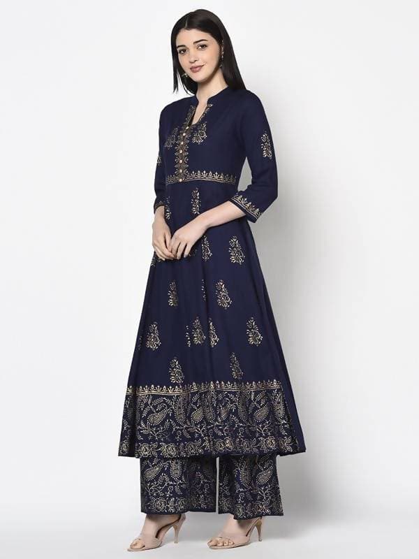 Aniyah Rayon Navy Blue Color Block Print Anarkali Palazzo Set (AN-210K) | Grab2Buy