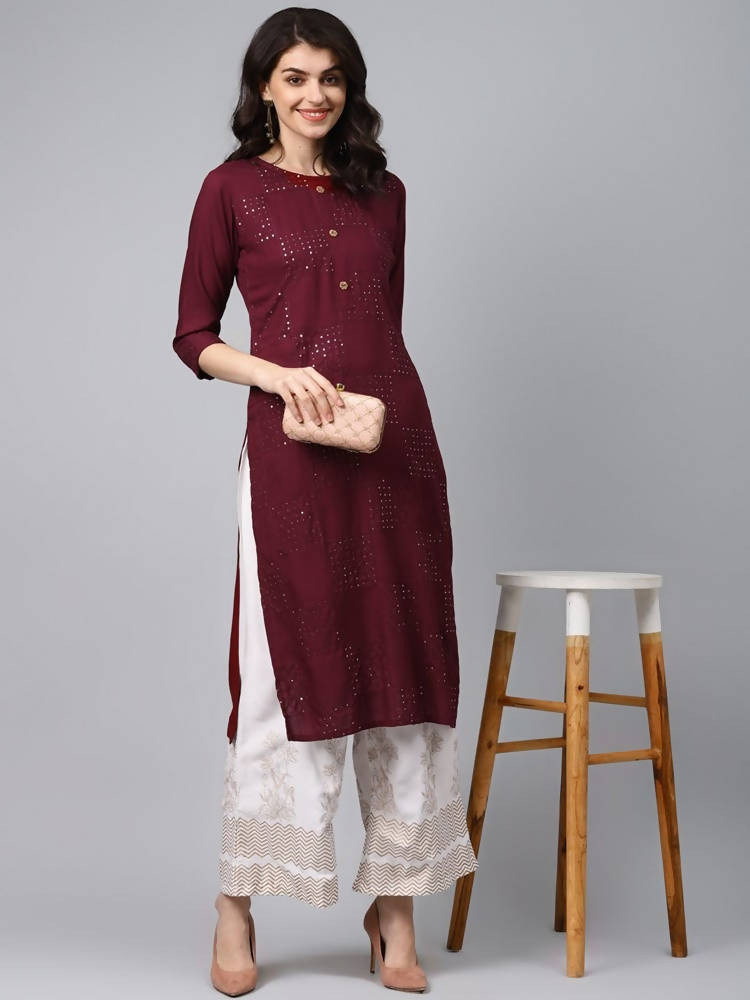 Yufta Women Maroon Self Design Kurta with Palazzo | Grab2Buy