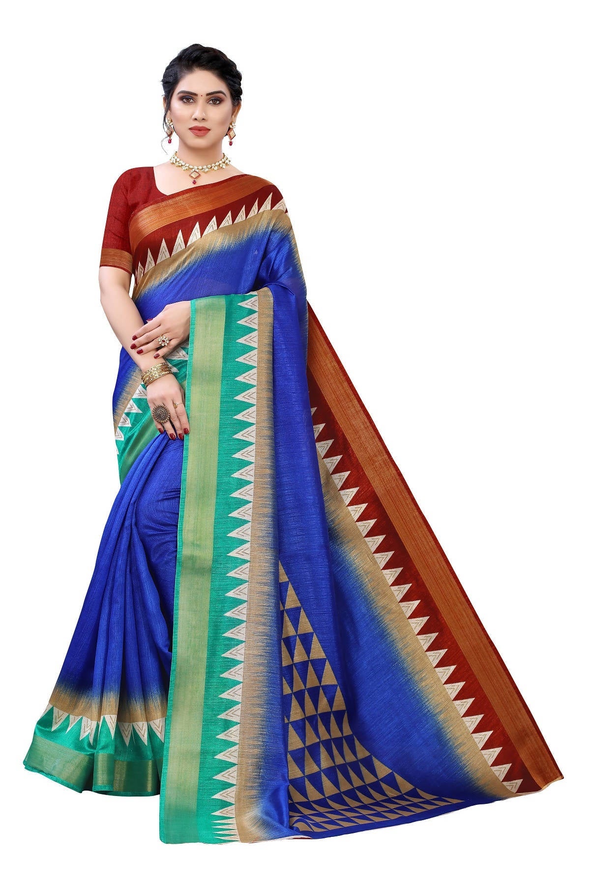 Vamika Blue & Brown Linen Jari Border Saree (GUNJAN BLUE) | Grab2Buy