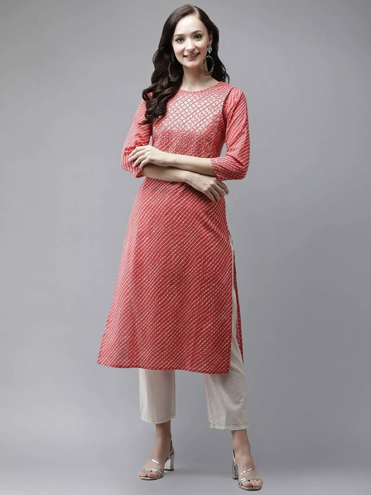 Yufta Red and White Bandhani print Kurta with Trouser Set | Grab2Buy
