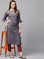 Yufta Women Grey & Maroon Solid Kurta with Trouser | Grab2Buy