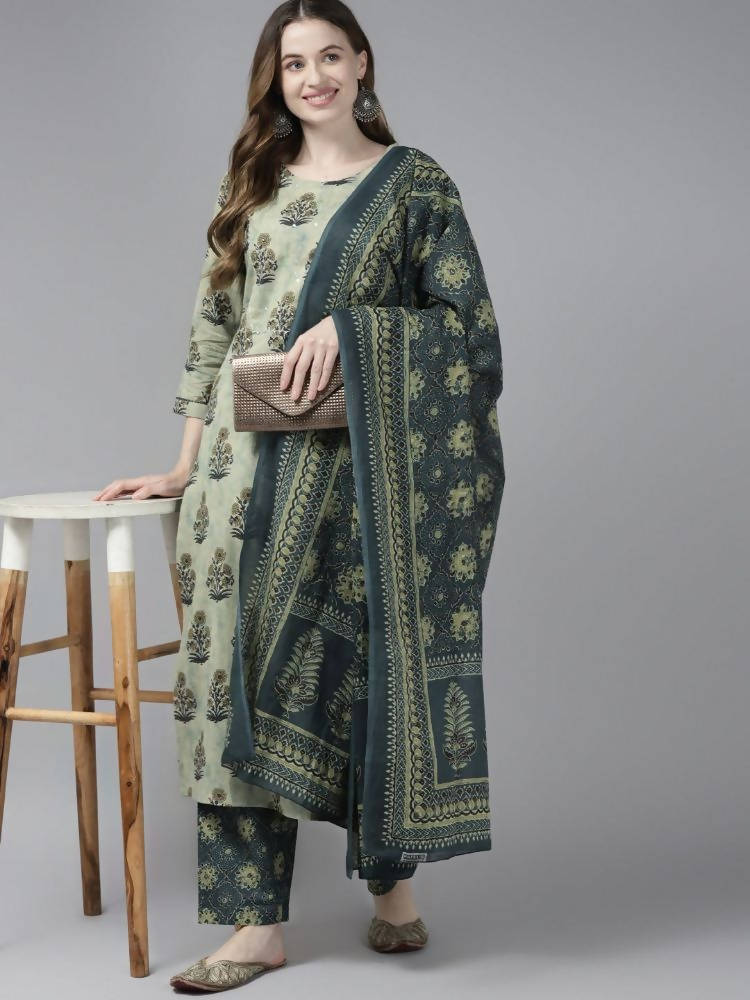 Yufta Women Beige Ethnic Motifs Aari Work Pure Cotton Kurta with Palazzo and Dupatta | Grab2Buy
