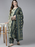 Yufta Women Beige Ethnic Motifs Aari Work Pure Cotton Kurta with Palazzo and Dupatta | Grab2Buy