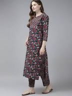 Yufta Women Navy Blue & Red Floral Printed Pure Cotton Kurta with Trouser and Dupatta | Grab2Buy