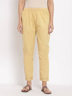 Myshka Women's Cream Cotton Solid Casual Trouser | Grab2Buy