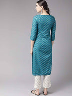 Yufta Women Teal Blue & Golden Printed Kurta with Trouser | Grab2Buy